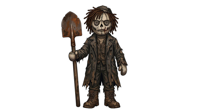 Undead gravedigger zombie doll holding rusty metal shovel wearing tattered brown coat and dreadlocks serves as a creepy halloween character resource.
