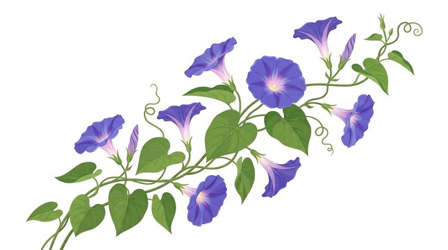 Beautiful illustration of purple morning glory flowers on a vine.