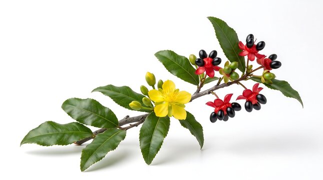 Ochna serrulata branch with yellow flowers and red fruit on white background.