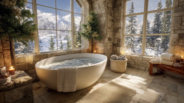 Luxurious rustic stone bathroom with a freestanding tub and large windows overlooking a snowy winter mountain forest