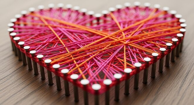 Heart shaped string art on wooden surface, intricate design with colorful threads. Vibrant pink, red, orange threads connect nails, forming unique string art, perfect for Valentine's Day.