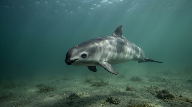 A rare vaquita porpoise swims smoothly just above the sandy seabed in clear water, illuminated by soft sunlight filtering from the ocean surface.