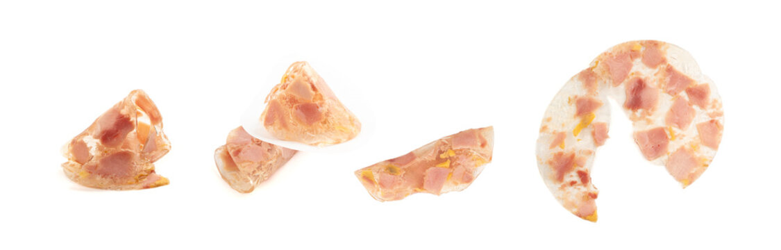 Meat jelly slices, ham aspic isolated, sausage, aspic jelly, winter meat galart, brawn on white