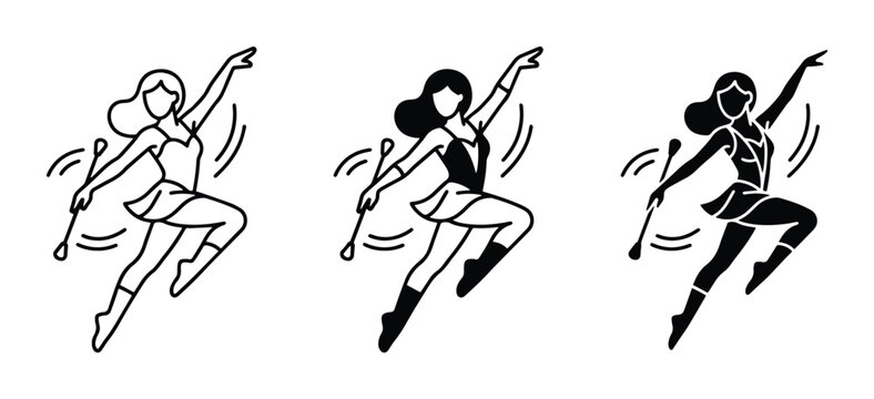 Twirling Baton Performer, Dynamic Dance Poses, Athletic Sports Iconography