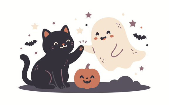 Adorable black cat and friendly ghost with a smiling pumpkin for halloween celebrations