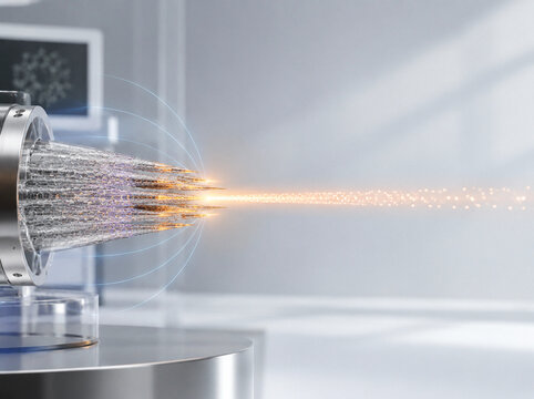 3D carbon nanotube field emission cathode concept, translucent tubular carbon lattice with glowing high-brightness focused electron beam with copy space