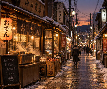 Traditional Japanese Shopping Street with Oden Stalls on a Winter Evening