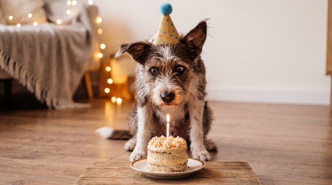 Cute dog happy birthday party with cake and party hat