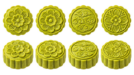 Obraz premium Eight green mooncakes with intricate patterns, top and side views