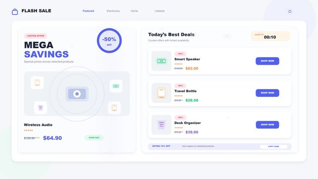 Modern Web Interface Design Featuring E-commerce Flash Sale Promotional Layouts and Discounted Product Listings for Online Shopping Platforms
