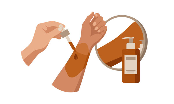 Hand applying self tanning drops on arm vector illustration