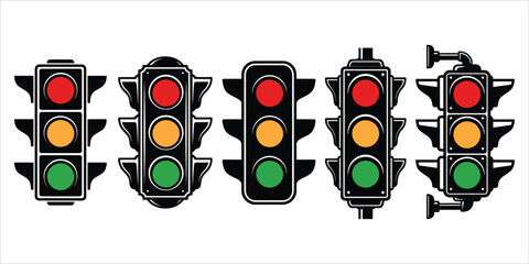 Set of five traffic light icons with red yellow and green signals traffic lights road signals traffic control traffic signs road safety signal lights driving safety traffic management go sign © RS RASEL