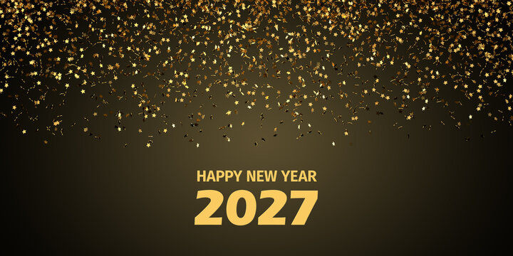 Golden stars falling in front of a dark  background. Good luck concept. Happy New Year 2027. Banner size