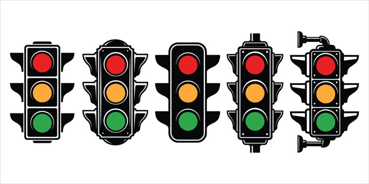 Set of five traffic light icons with red yellow and green signals traffic lights road signals traffic control traffic signs road safety signal lights driving safety traffic management go sign