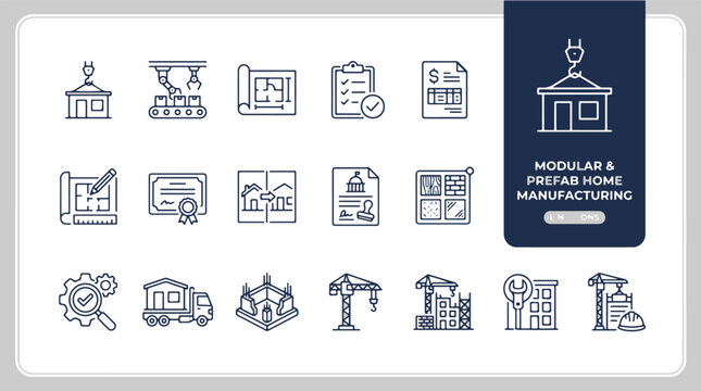 Prefabricated house construction and assembly line icons set. Modular home manufacturing, building blueprint planning outline vector illustration
