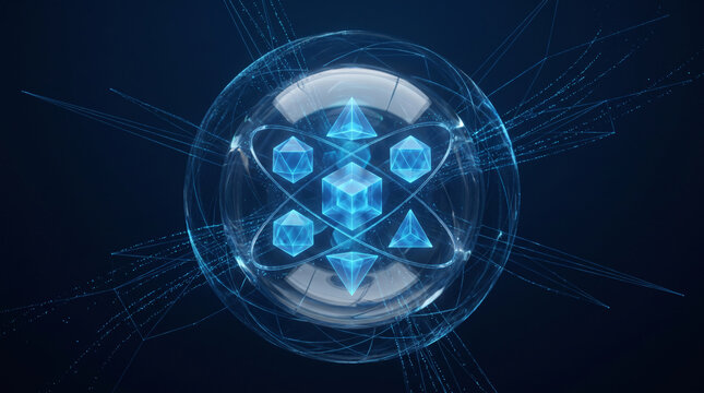 Glass sphere core encapsulating geometric polyhedrons and atomic orbit rings