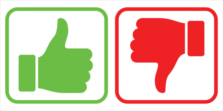 Green thumbs up and red thumbs down icons in rounded squares with thumbs up like dislike positive negative rating icons feedback symbols approval denial hand gestures green check red cross