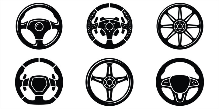 Set of six modern steering wheel icons in silhouette style with car parts driving icons vehicle accessories auto design transportation symbols steering system automotive parts driver control