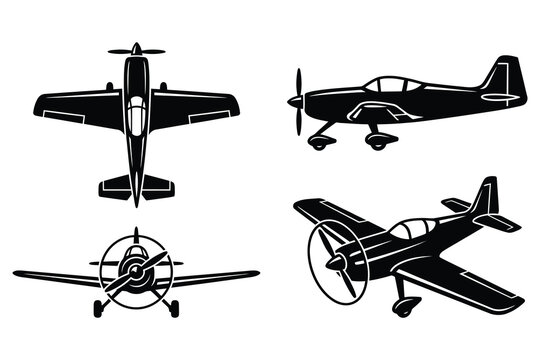 Collection of propeller airplane icons showing various perspectives with airplane icon propeller plane aviation symbols flight transport aircraft silhouette plane views air travel aviation desi