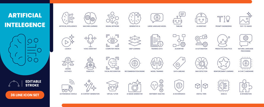 Artificial intelligence vector line icon set