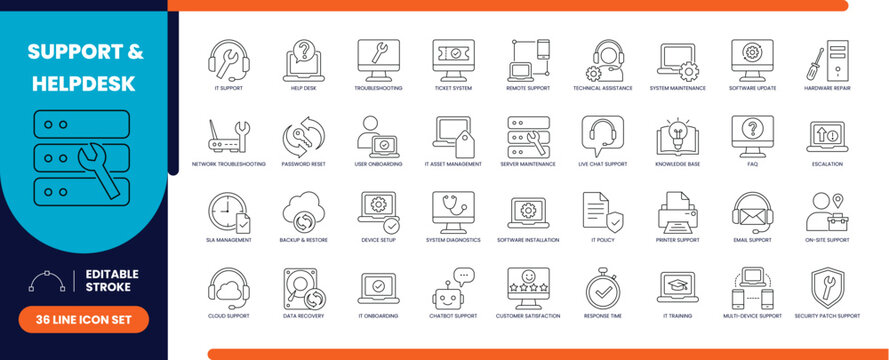 IT support and helpdesk vector line icon set