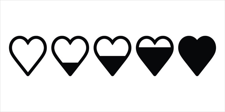 Five heart icons with increasing fill levels representing progress or battery UI design heart icon progress bar heart shape loading bar design element love icon progress indicator UI element