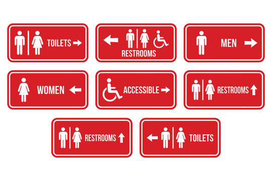 Collection of red restroom and toilet signs with wheelchair accessibility men sign women sign public facility toilet icon information sign safety sign signs design graphic design bathroom sig