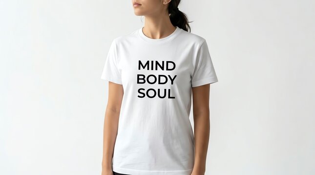 Clean white t-shirt with the phrase 'Mind Body Soul' printed in black text, displayed on a neutral background showcasing a fashion apparel concept