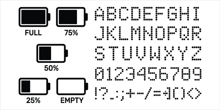 Horizontal pixel art battery level icons with text labels and full character set charge status power icon status indicator battery capacity alphabet set number set UI elements user interface