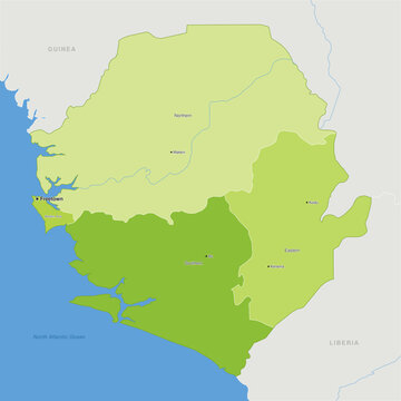Sierra Leone - Detailed, modern map of the country with cities, capitals, internal territorial boundaries, and major water features. Vector illustration.