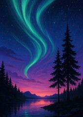 Fototapeta premium Aurora over serene twilight landscape.