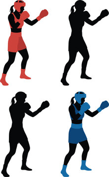 Female boxer silhouette vector set featuring fighters in red and blue gear with protective headgear
