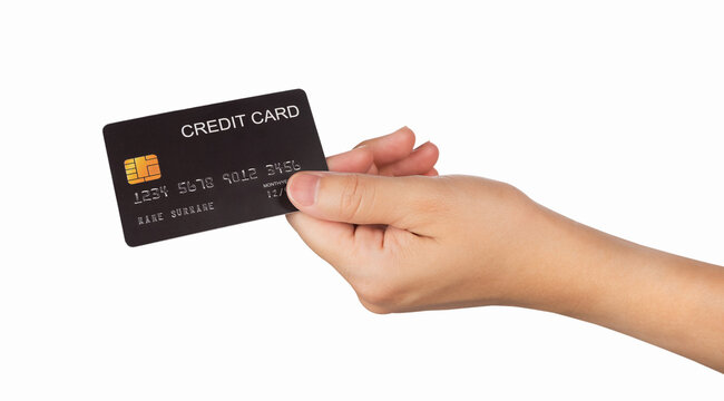 Hand hold credit card isolated on white background.