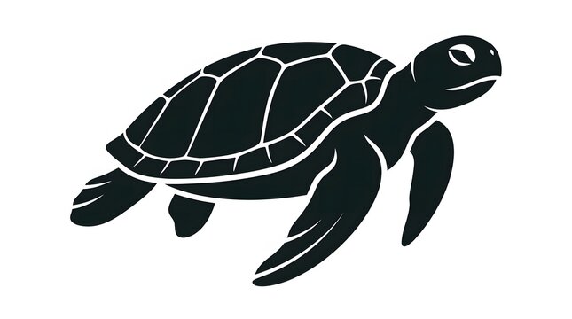 Black silhouette of a graceful swimming sea turtle isolated on a white background for marine life conservation and aquatic nature design themes