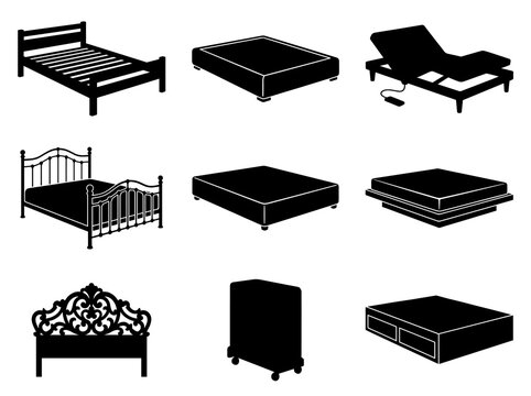 Set of various bed silhouettes including mattresses, frames, and ornate headboards, showcasing bedroom furniture design and sleeping comfort, ideal for home decor layouts