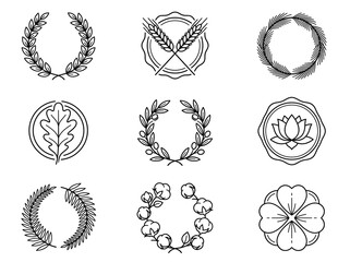 Fototapeta premium A collection of nine simple, elegant line art wreaths and frames in various botanical and floral designs, perfect for minimalist branding, logos, and decorative elements