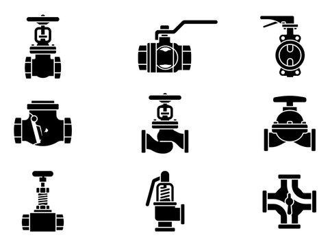 Set of black silhouette industrial valves and plumbing fixtures, including gate valves, ball valves, and globe valves, essential for pipeline systems and fluid control