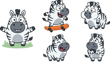 Obraz premium Cute Cartoon Zebra Collection Featuring Funny Striped Animals Skateboarding, Smiling, Waving, Laughing, and Making Playful Expressions for Kids and Safari Designs