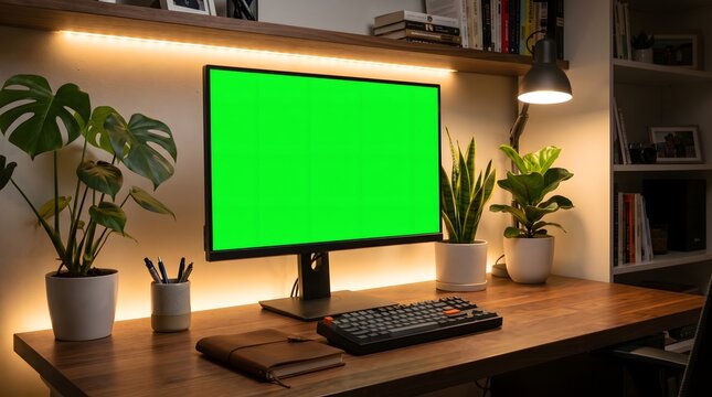 Desktop computer monitor with green screen chroma key display on wooden desk in modern home office potted plants remote work blank screen pen holder interior design technology keyboard