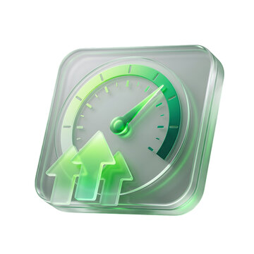 Glossy green speedometer icon with upward pointing arrows rendered in 3d glass style isolated on white background representing high speed growth efficiency performance progress and optimized digital a