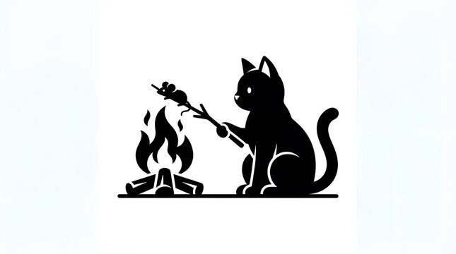 Black silhouette of a cat roasting a mouse over a campfire on a white background