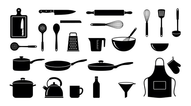 Set of black kitchen utensils and cookware silhouettes isolated on white background