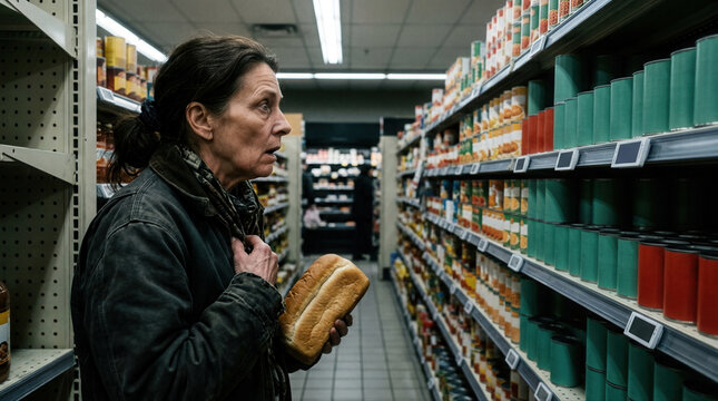 A Woman in a Grocery Store Aisle Holding Bread
