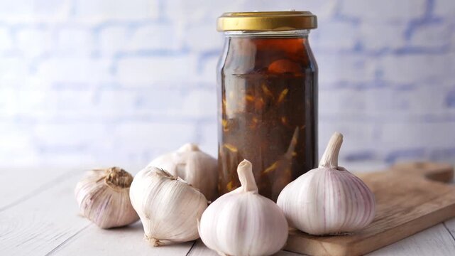Glass jar of homemade garlic pickle on wooden board with fresh bulbs