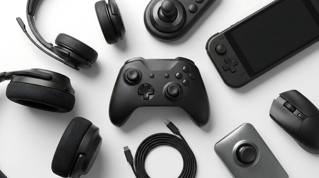 Top view of various black gaming accessories on a white background.