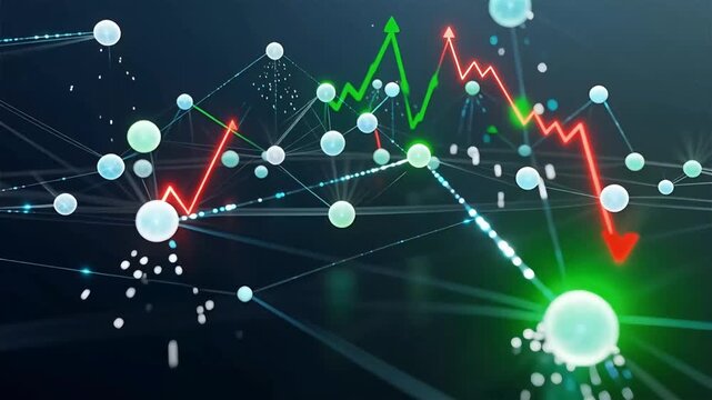 Dynamic digital network illustrating financial market fluctuations with interconnected data points, visualizing upward and downward trends in economic analytics and technological progress