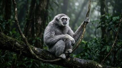 Fototapeta premium Silvery Gibbon Primate in Misty Javanese Rainforest Cinematic Wildlife Photography