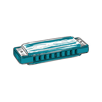 Cyan blue vintage harmonica sketch illustration on black background