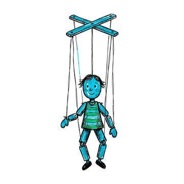 Creepy wooden puppet hanging from strings against dark background with glowing neon blue details
