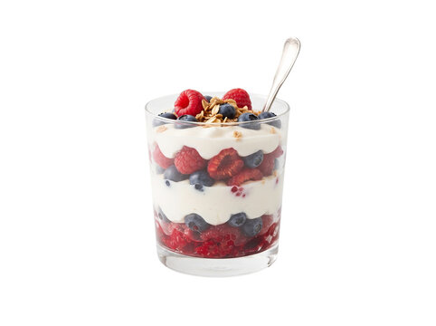 Fresh berry yogurt parfait with granola and raspberries, healthy breakfast glass with layers of fruit and cream, isolated on white background
